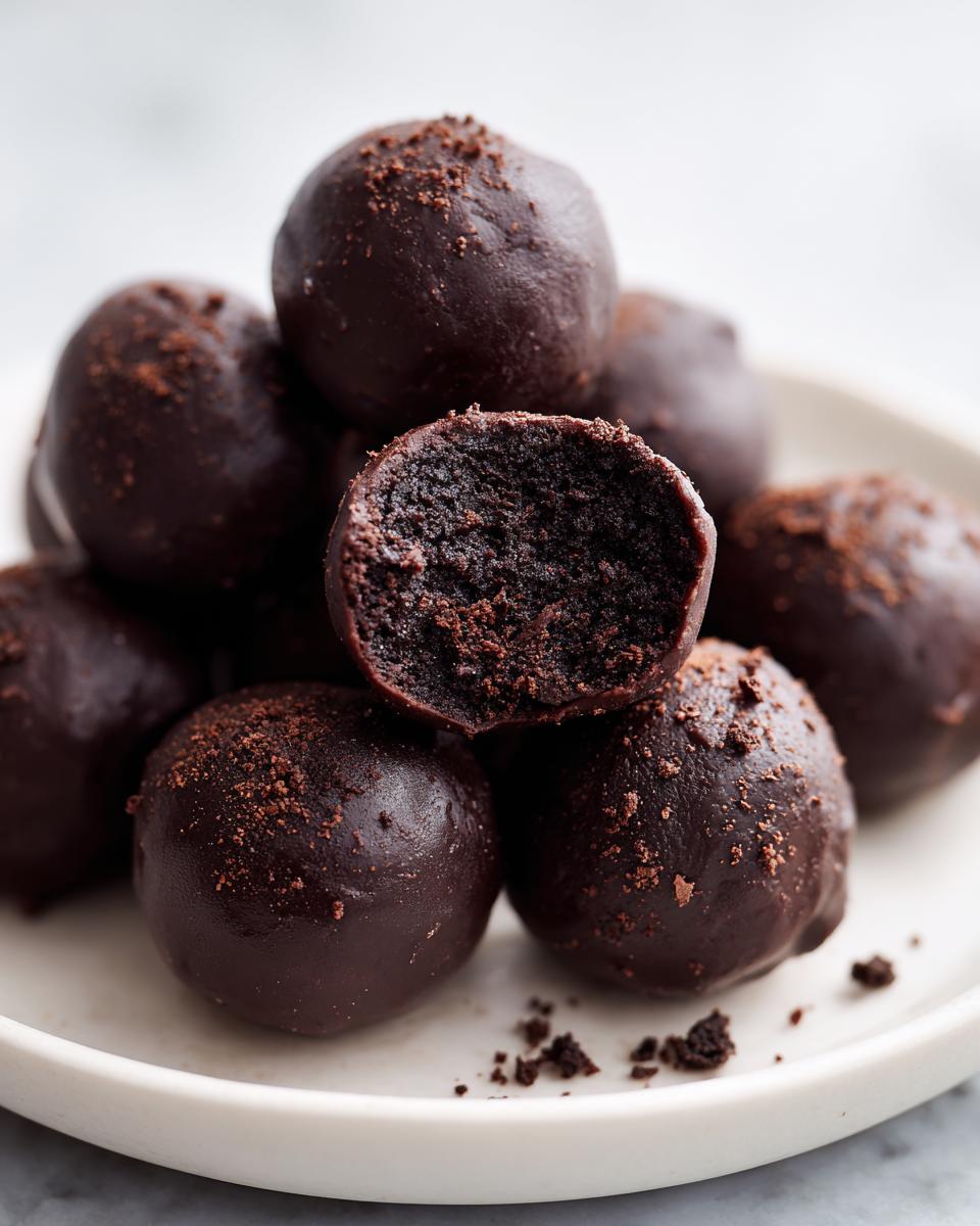 A stack of dark chocolate-coated Oreo balls, one cut in half showing the dense, dark filling.