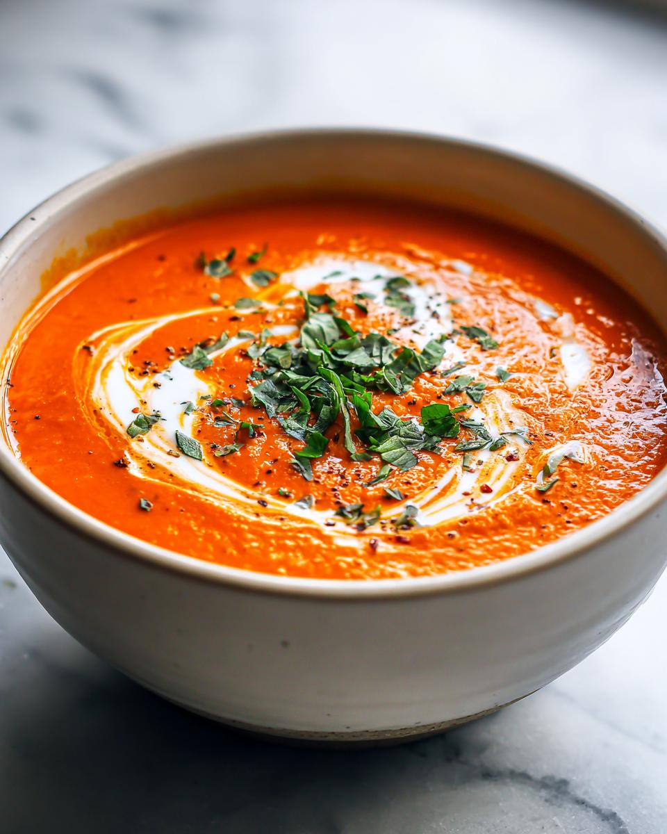 Close-up of a bowl of vibrant orange roasted tomato soup, swirled with cream and topped with fresh basil.