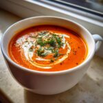 A close-up of vibrant roasted tomato soup topped with a swirl of cream, fresh herbs, and cracked pepper.