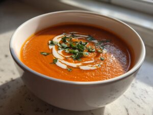 A close-up of a bowl of vibrant orange roasted tomato soup, garnished with cream swirl and fresh herbs.