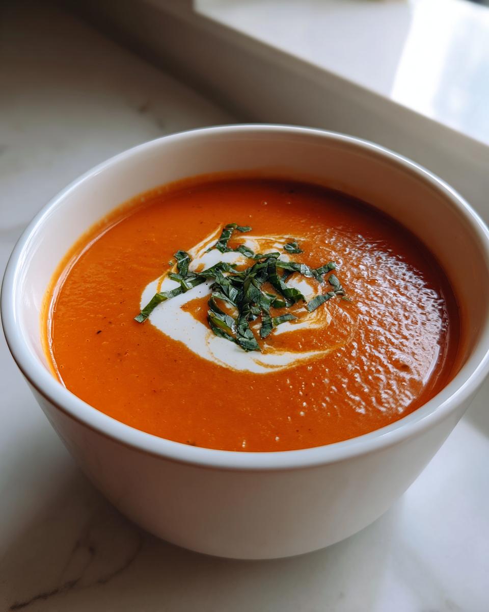 A close-up of vibrant orange roasted tomato soup topped with a swirl of cream and fresh basil.