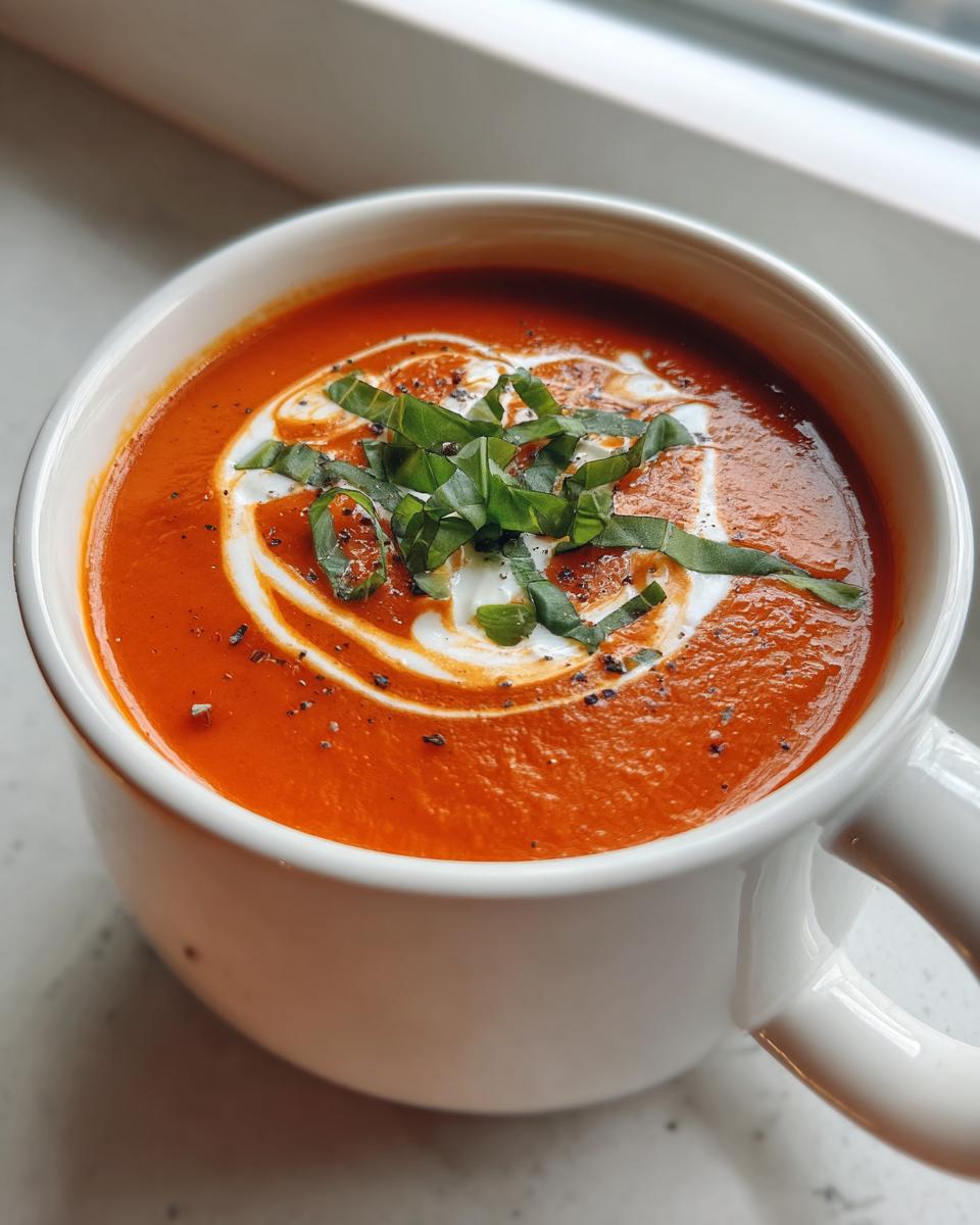 A vibrant bowl of roasted tomato soup, garnished with cream swirl, fresh basil, and cracked pepper.