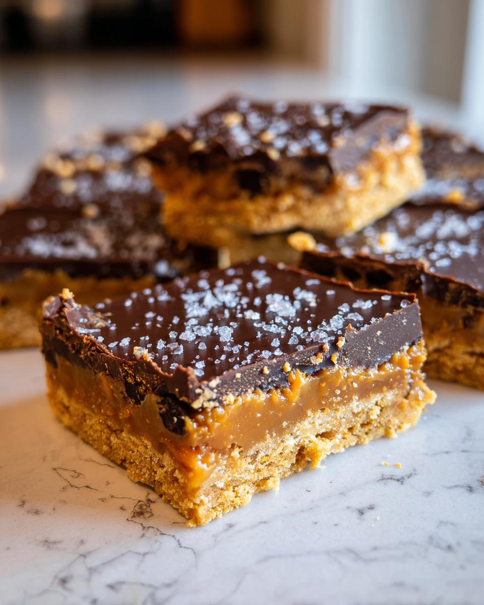 A close-up of a piece of graham cracker toffee showing the three layers: crust, caramel, and chocolate topped with sea salt.