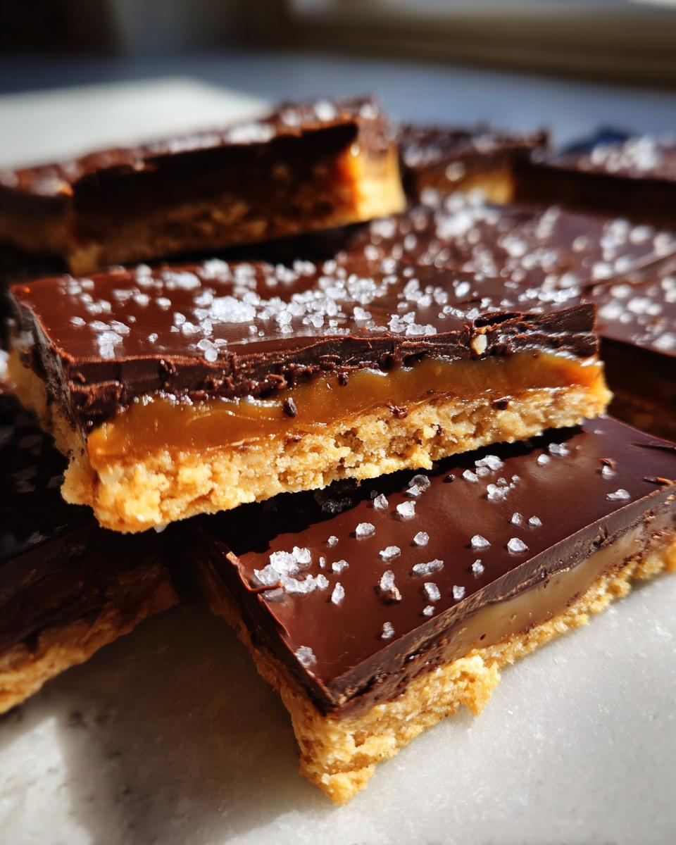 Close-up of layered graham cracker toffee bars topped with dark chocolate and flaky sea salt.