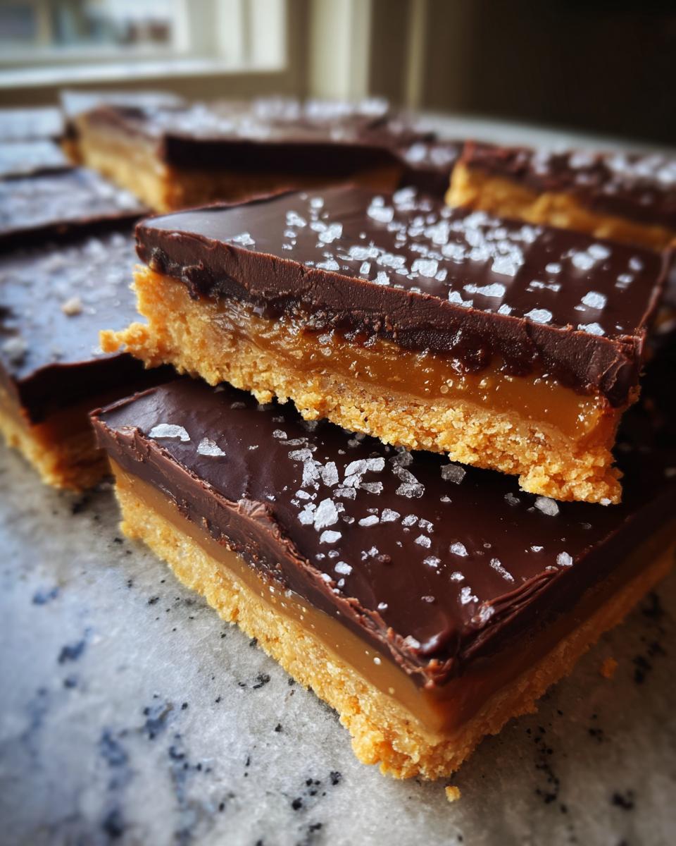 Close-up of layered graham cracker toffee bars topped with dark chocolate and flaky sea salt.