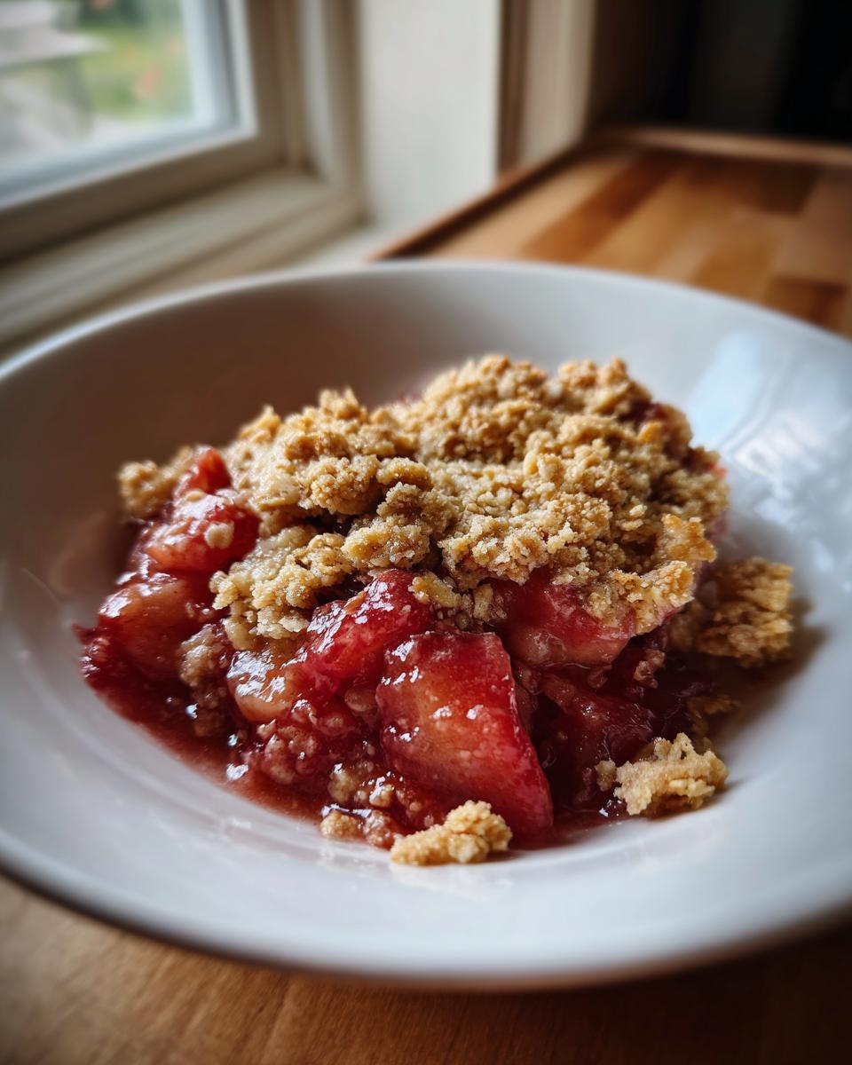 Close-up of a serving of warm rhubarb crisp with a golden, crumbly topping in a white bowl.