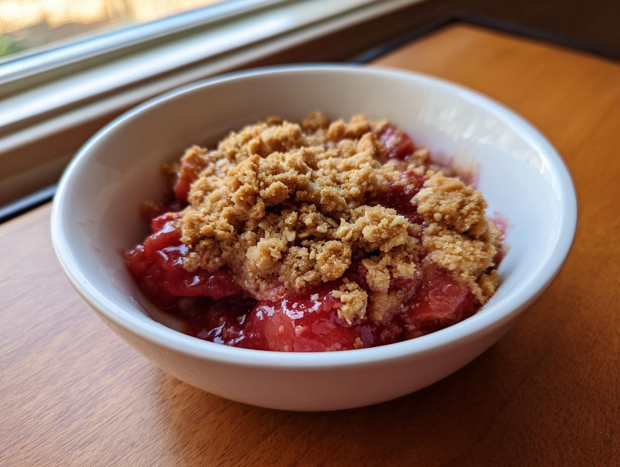 A single serving of baked rhubarb crisp with a golden brown crumble topping in a white bowl.