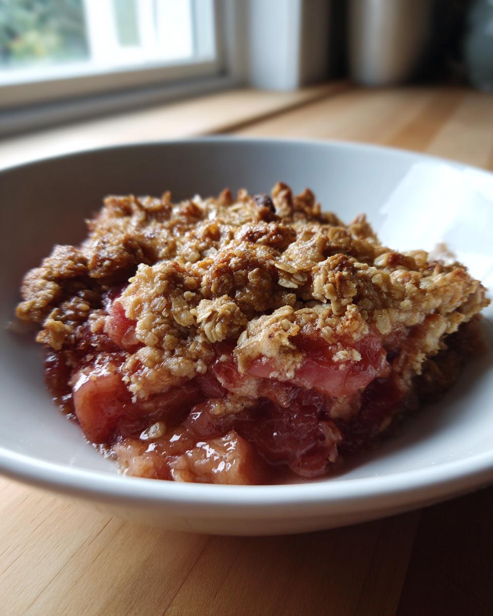 A close-up view of a warm serving of rhubarb crisp with a golden oat topping in a white bowl.