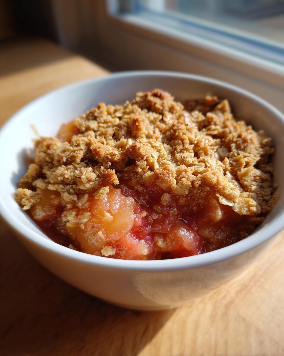 Close-up of a single serving of warm rhubarb crisp with a golden oat topping in a white bowl.