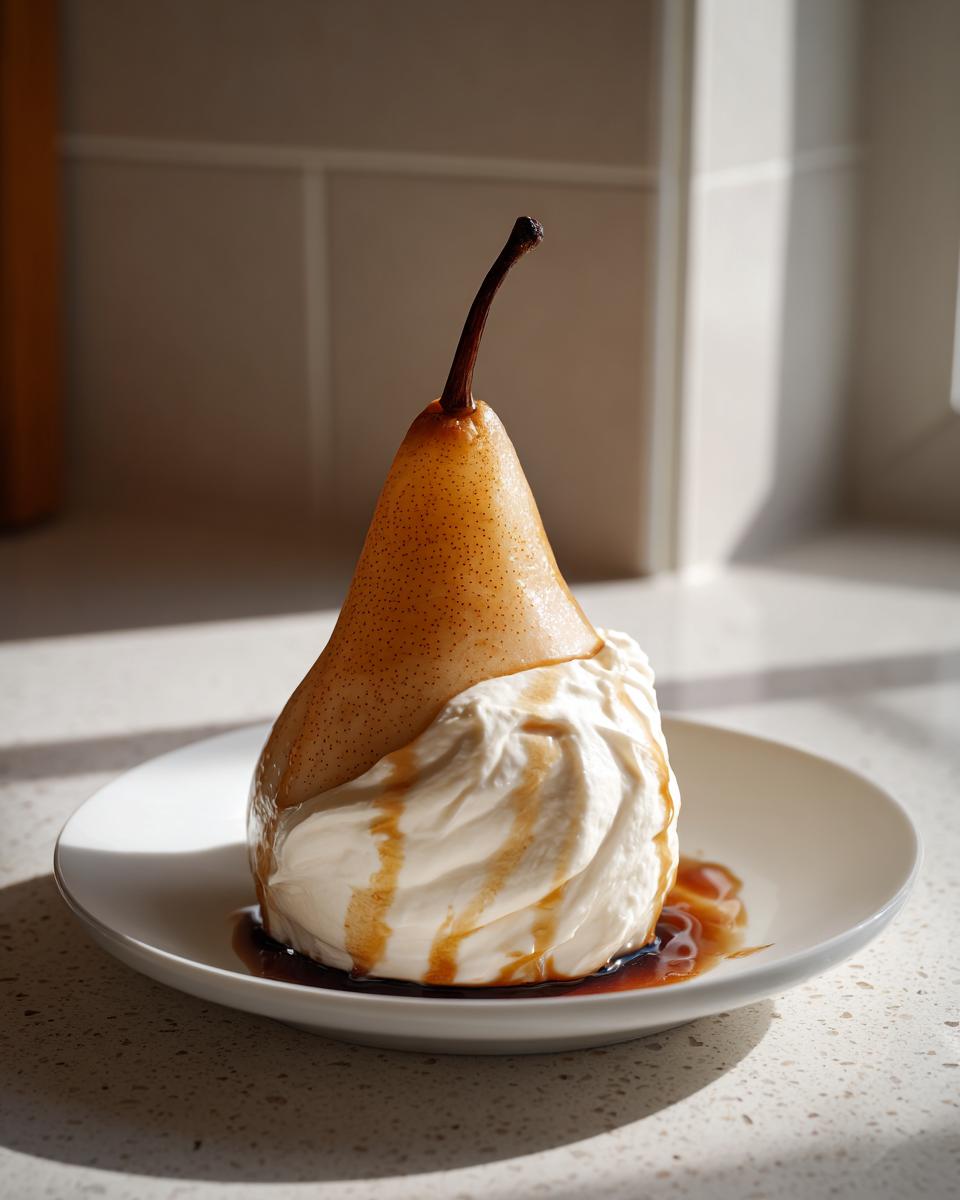 A single, perfectly cooked poached pear served upright on a bed of whipped cream, drizzled with caramel sauce.