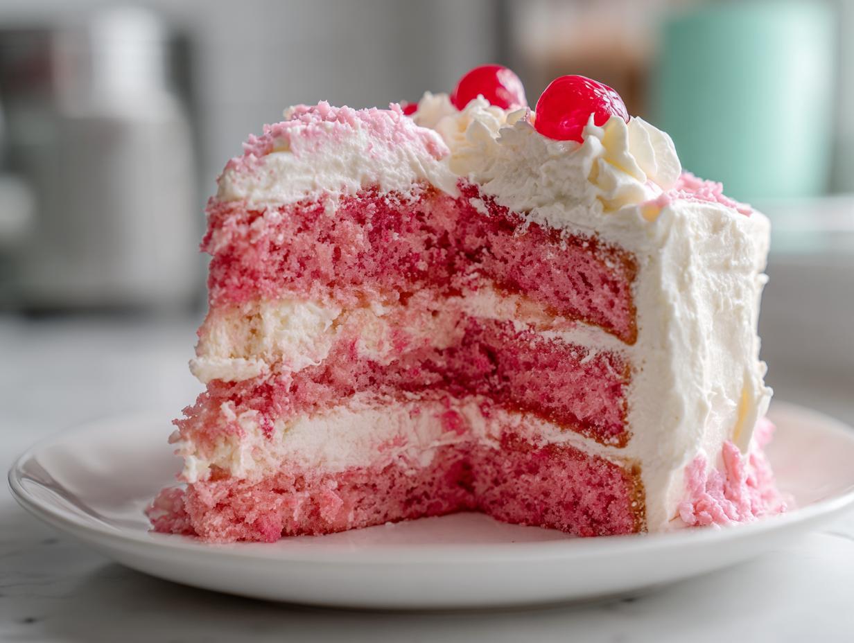 Close-up of a moist slice of pink layered cherry cake filled and frosted with white cream, topped with maraschino cherries.