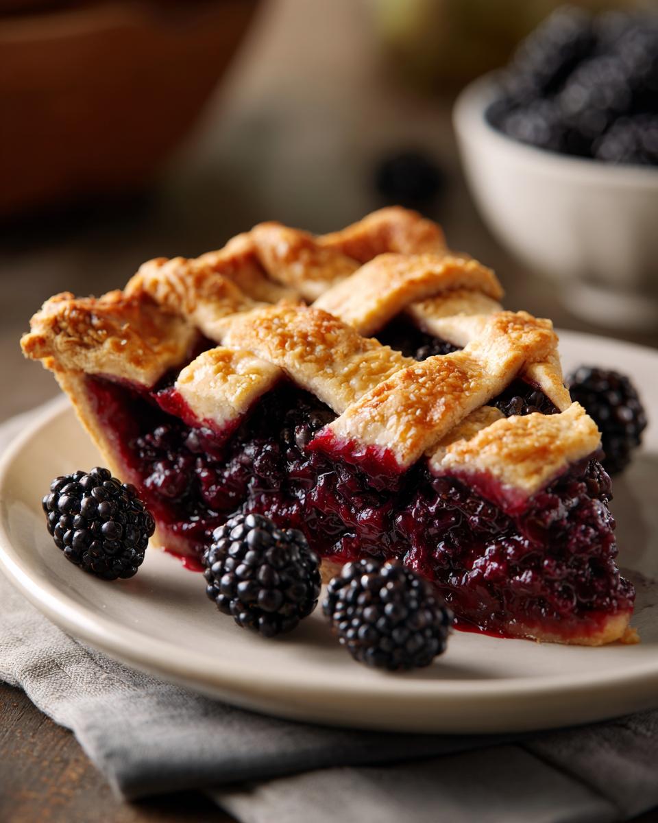 A close-up of a perfect slice of blackberry pie with a golden lattice crust, served with fresh blackberries.