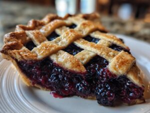 A close-up of a juicy slice of blackberry pie featuring a thick, dark berry filling and a golden brown lattice crust.