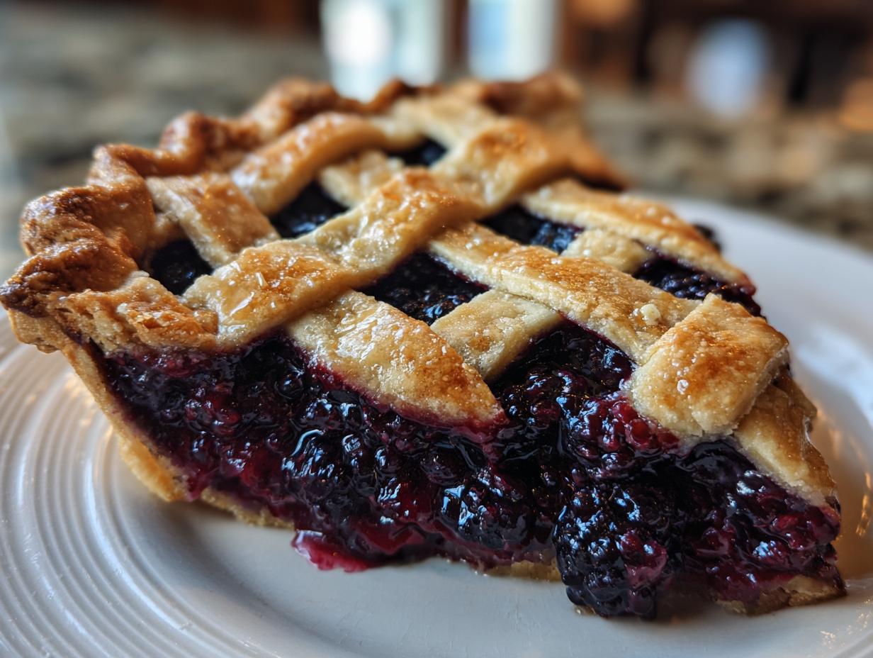 A close-up of a juicy slice of blackberry pie featuring a thick, dark berry filling and a golden brown lattice crust.