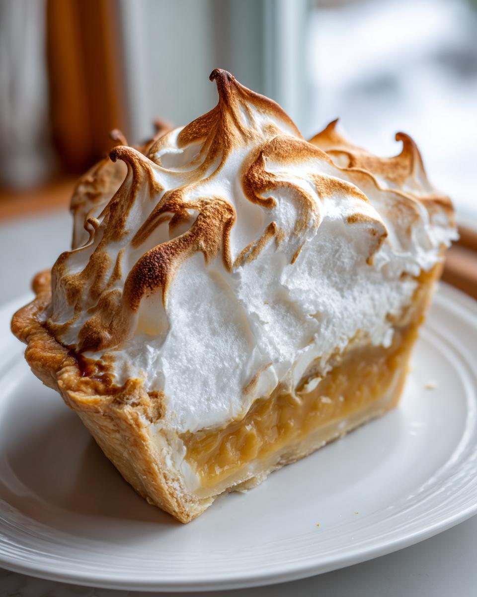 Close-up of a slice of butterscotch pie showing the golden filling and tall, toasted meringue topping.