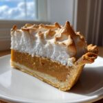 A close-up of a perfect slice of butterscotch pie topped with tall, toasted meringue, sitting on a white plate.