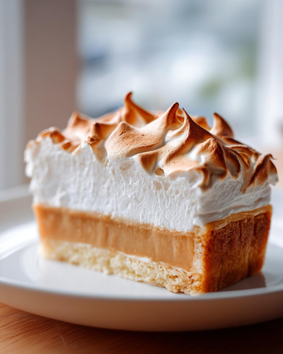 A perfect slice of butterscotch pie featuring a thick layer of tan filling, a pastry crust, and a towering, toasted meringue topping.
