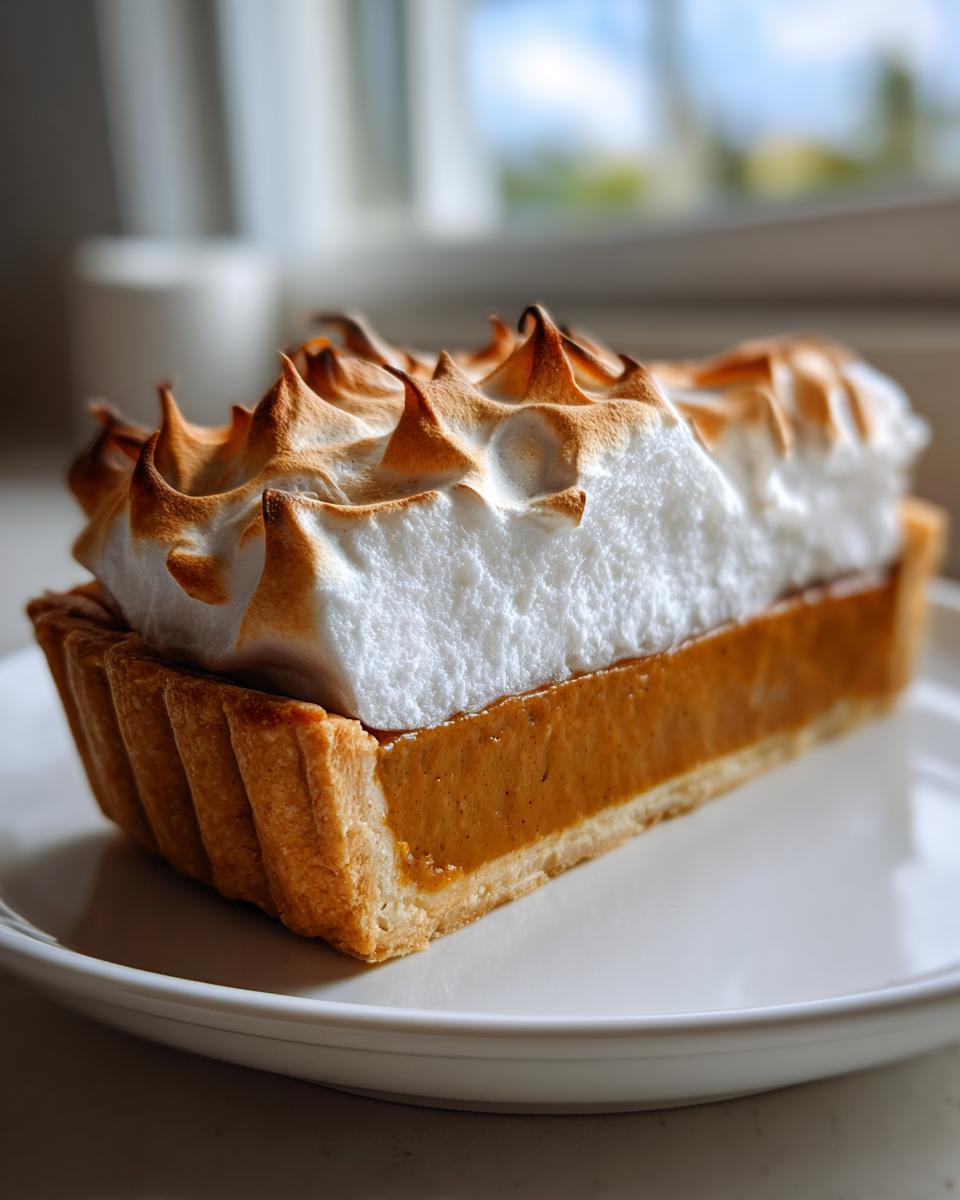 Close-up of a slice of rich butterscotch pie topped with dramatic, toasted meringue peaks.