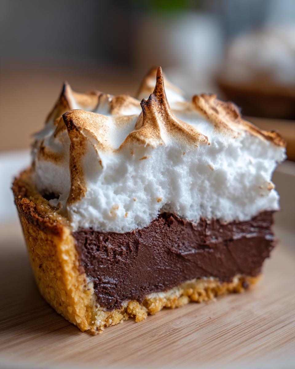 Close-up of a slice of rich chocolate meringue pie showing the crust, dark chocolate filling, and fluffy, toasted meringue topping.
