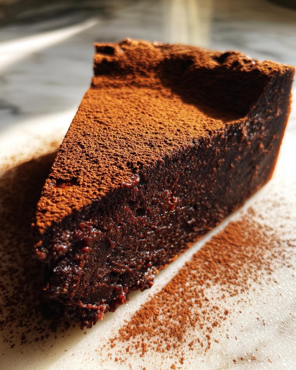 A decadent slice of flourless chocolate torte, intensely dark and moist, dusted heavily with cocoa powder.