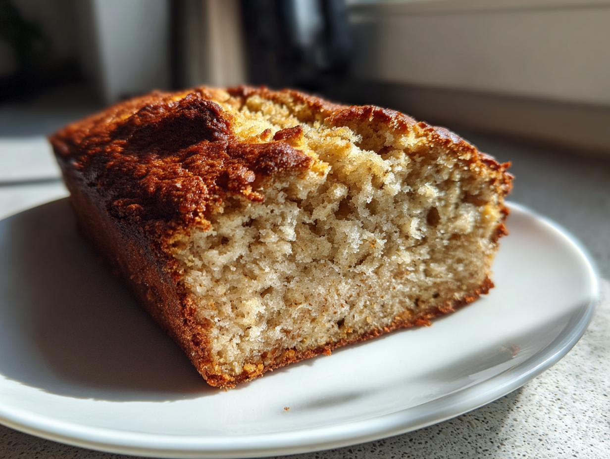 A close-up, sunlit slice of moist greek yogurt banana bread with a golden-brown crust on a white plate.