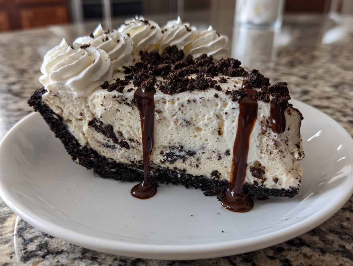 A decadent slice of no-bake ice cream pie featuring a dark crust, creamy filling with cookie pieces, whipped topping, and chocolate syrup drizzle.
