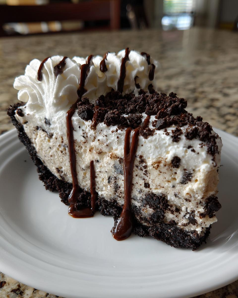 A decadent slice of cookies and cream ice cream pie with whipped cream, chocolate drizzle, and cookie crumbles.
