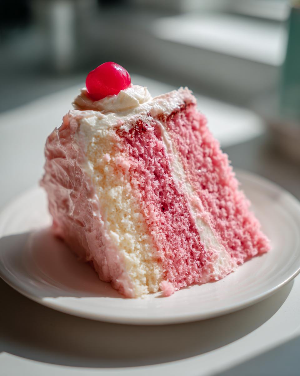 A close-up of a moist slice of layered cherry cake with pink and white sponge, white frosting, and a maraschino cherry on top.