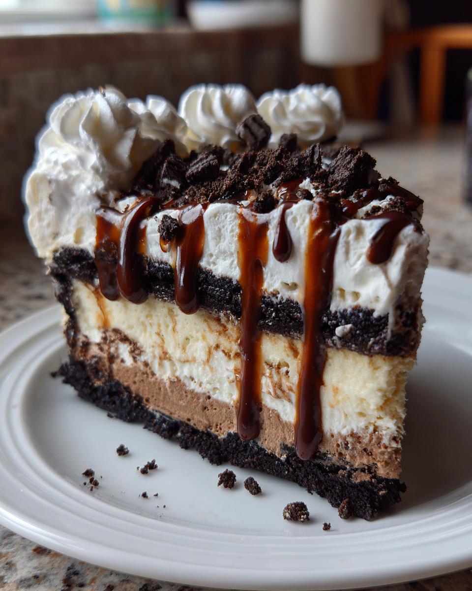 A decadent slice of layered ice cream cake with chocolate crust, vanilla and chocolate ice cream layers, topped with whipped cream and fudge drizzle.