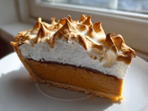 A close-up slice of rich butterscotch pie topped with tall, toasted meringue peaks.