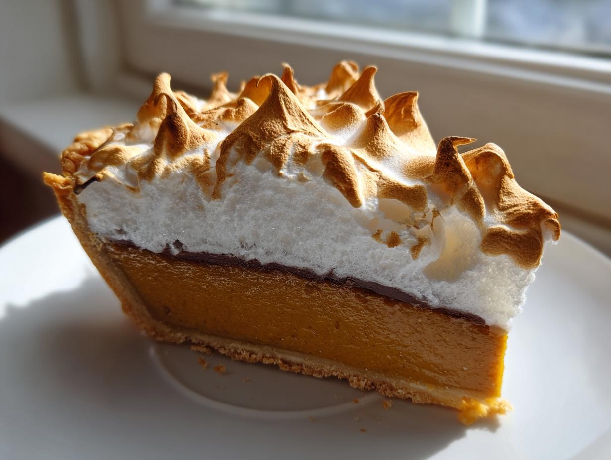 A close-up slice of rich butterscotch pie topped with tall, toasted meringue peaks.