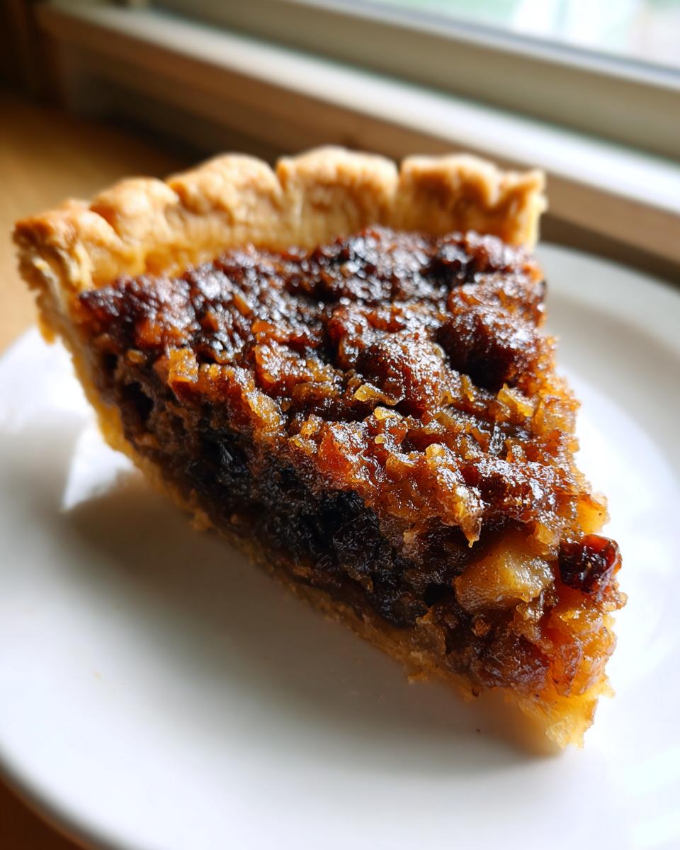 Close-up of a single slice of mincemeat pie showing the dark, rich, chunky filling and golden flaky crust.