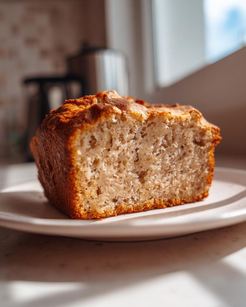 Close-up of a moist slice of greek yogurt banana bread showing its soft crumb texture and golden crust.