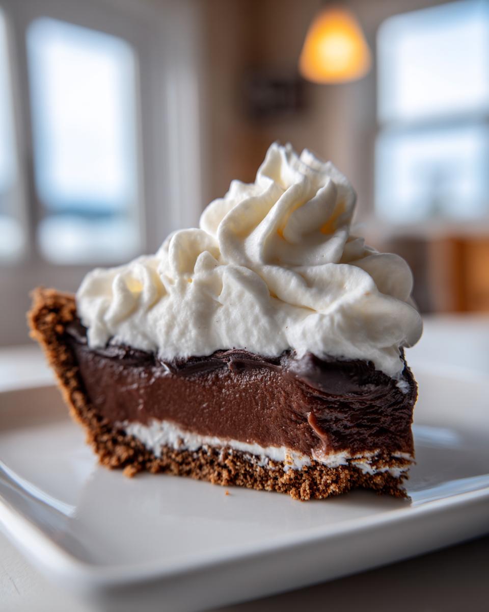 A close-up of a rich slice of chocolate mud pie with a crumb crust, layered filling, and topped generously with whipped cream.