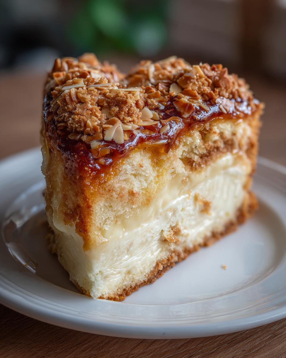 A close-up of a moist slice of bee sting cake layered with thick vanilla cream and topped with caramelized almonds.