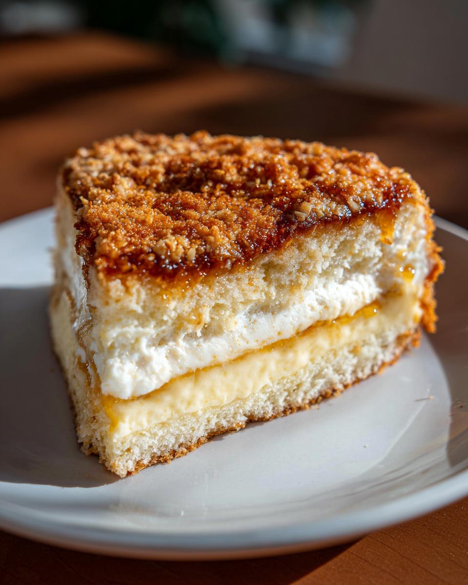 Close-up of a perfect slice of bee sting cake showing layers of sponge, cream, custard, and caramelized almond topping.
