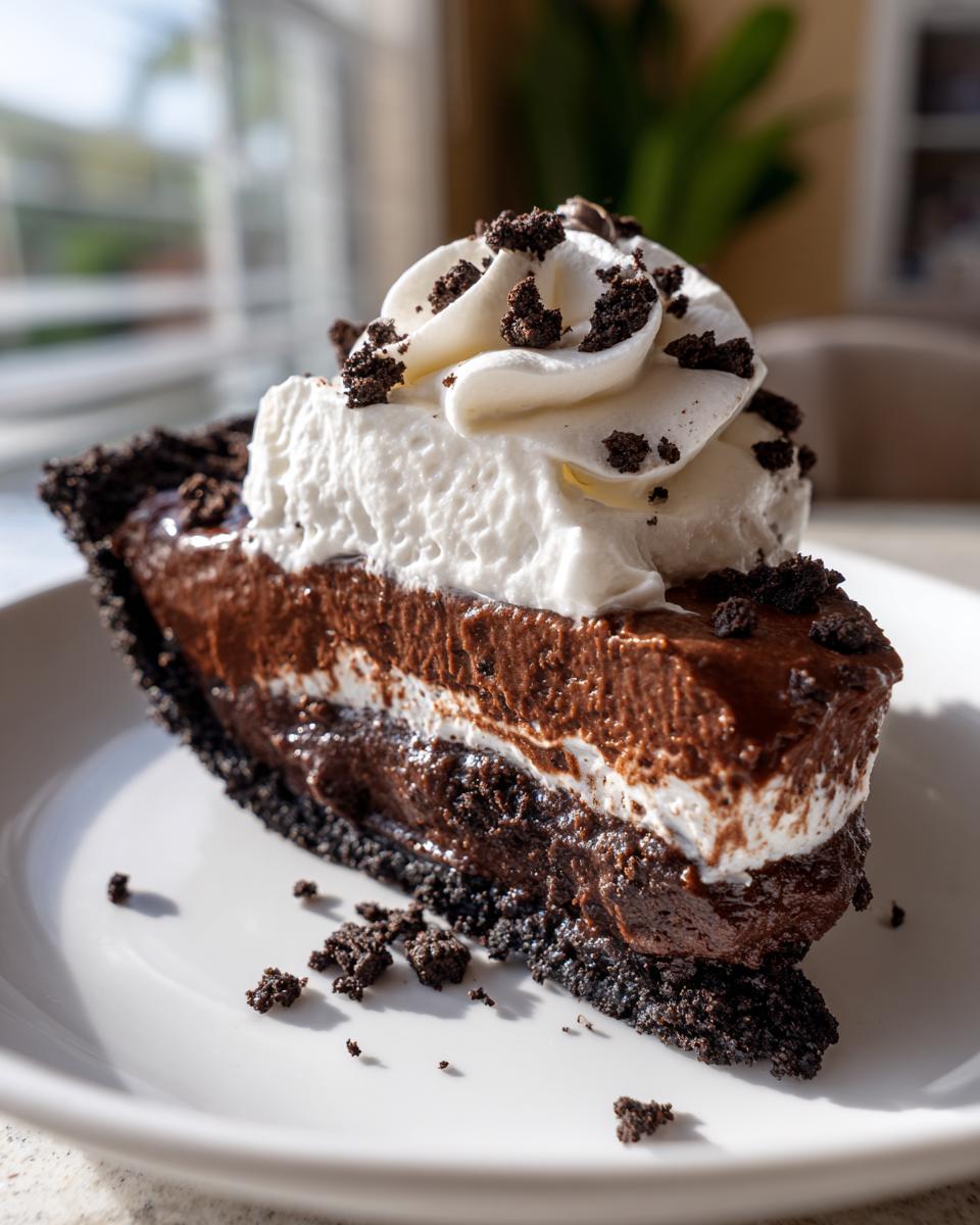 A decadent slice of chocolate mud pie with a thick crust, layered filling, and topped with whipped cream and cookie crumbs.