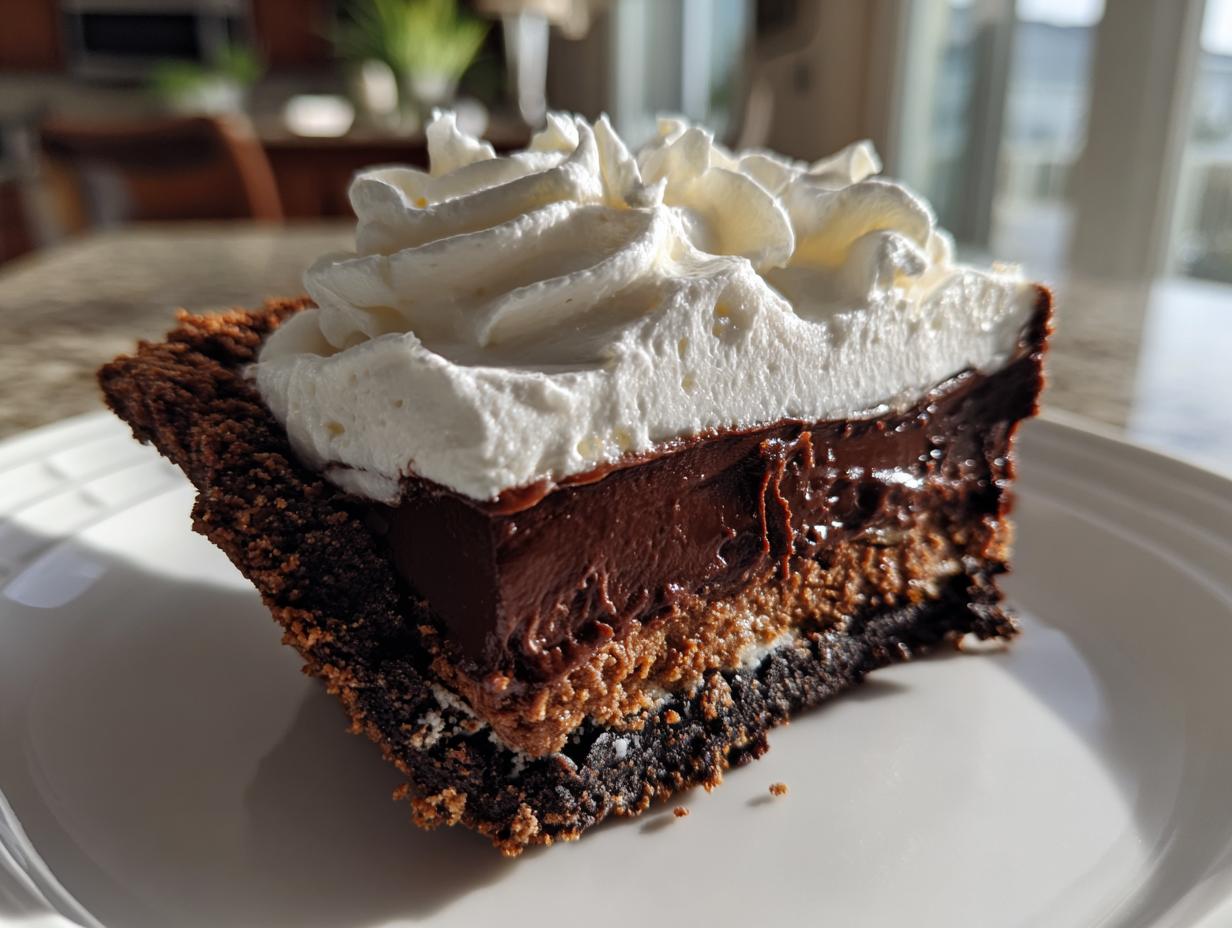 A decadent slice of chocolate mud pie featuring a dark crust, rich chocolate filling, and a generous topping of whipped cream.