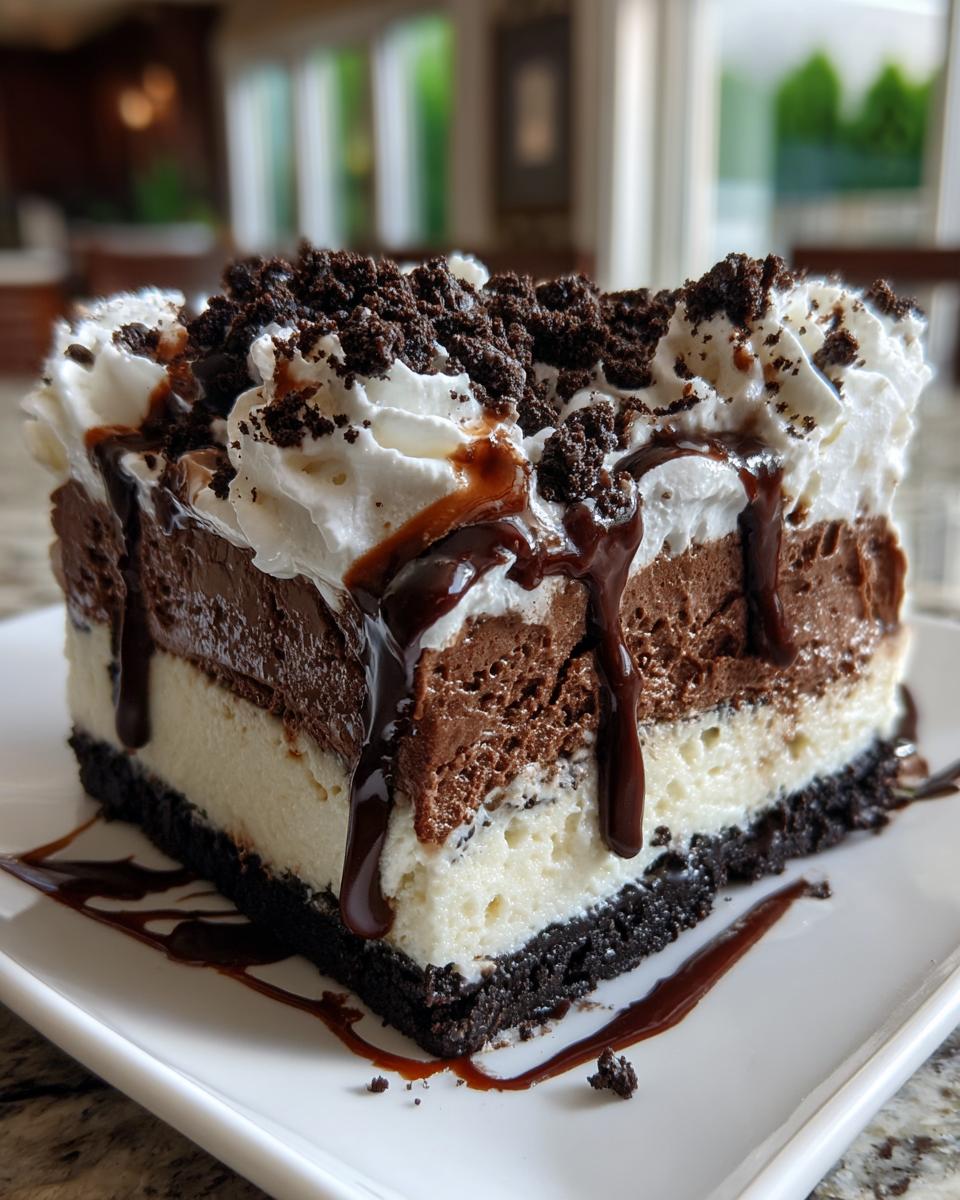 A rich, layered slice of homemade ice cream cake with chocolate and vanilla layers, topped with whipped cream and chocolate drizzle.