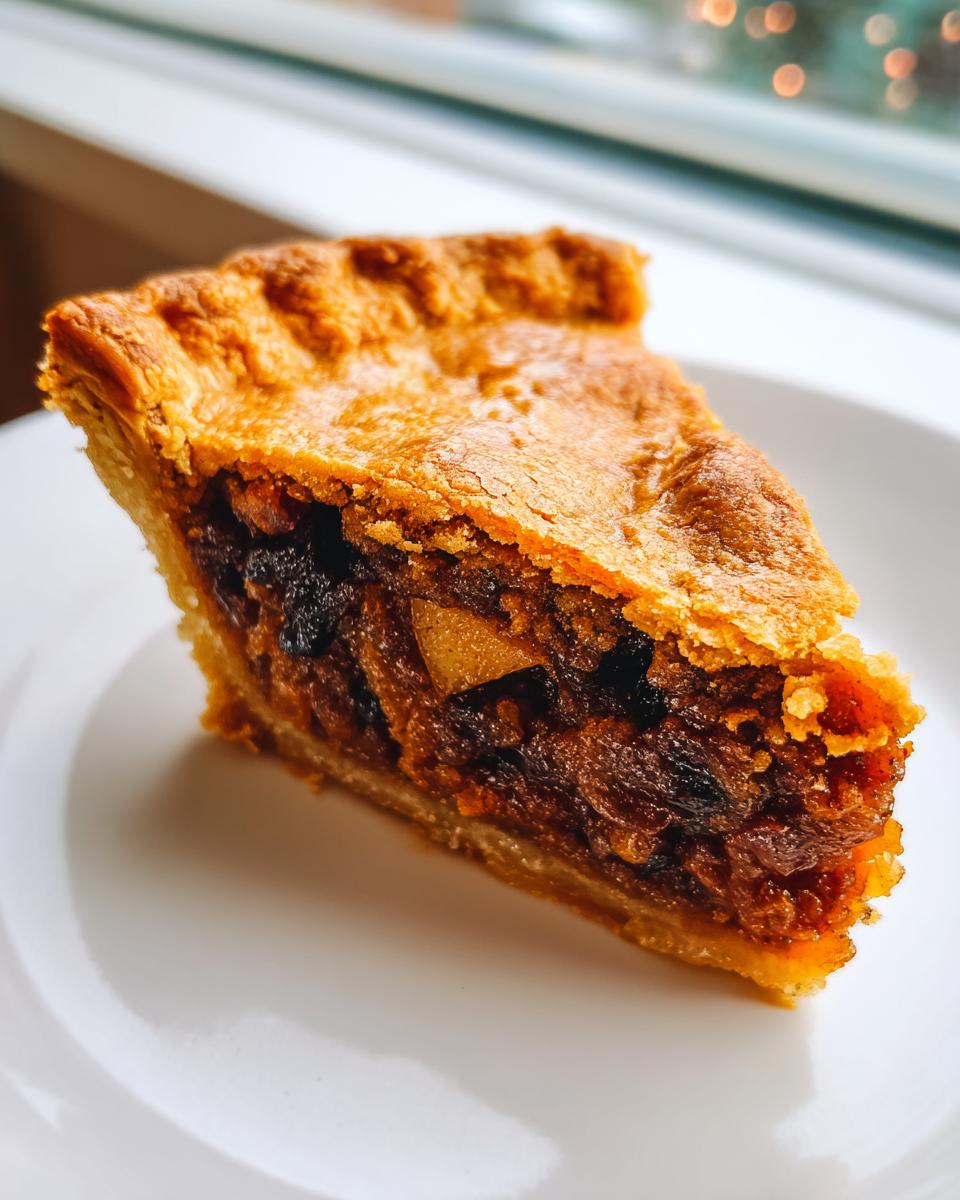 A close-up of a golden-crusted slice of mincemeat pie filled with dark, juicy fruit filling.