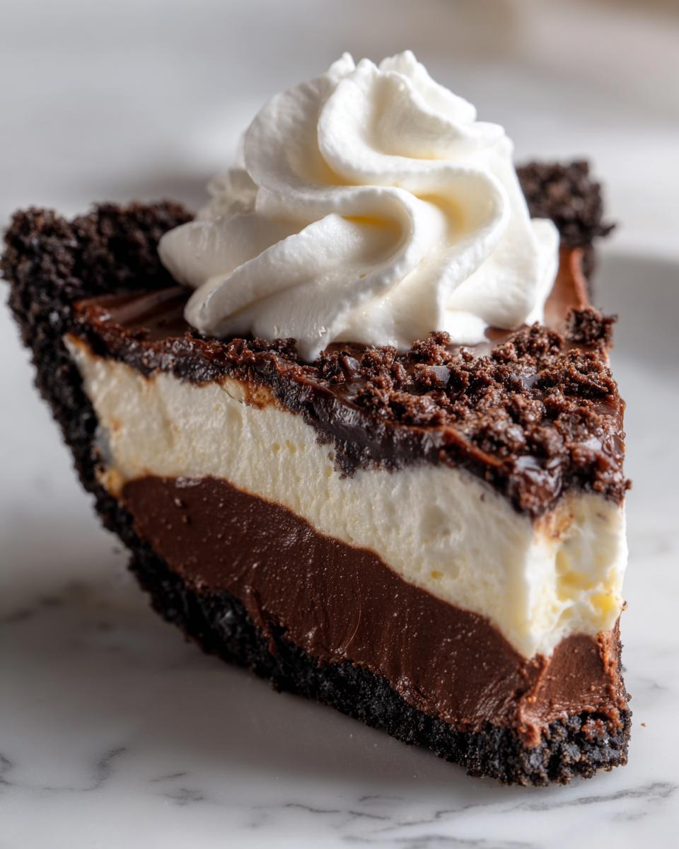 A decadent slice of layered mud pie featuring a dark crust, chocolate filling, white cream layer, and topped with whipped cream.