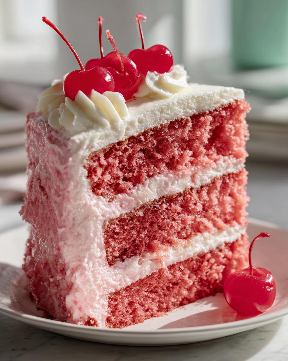 A moist slice of pink, three-layer cherry cake with white frosting and maraschino cherries on top.