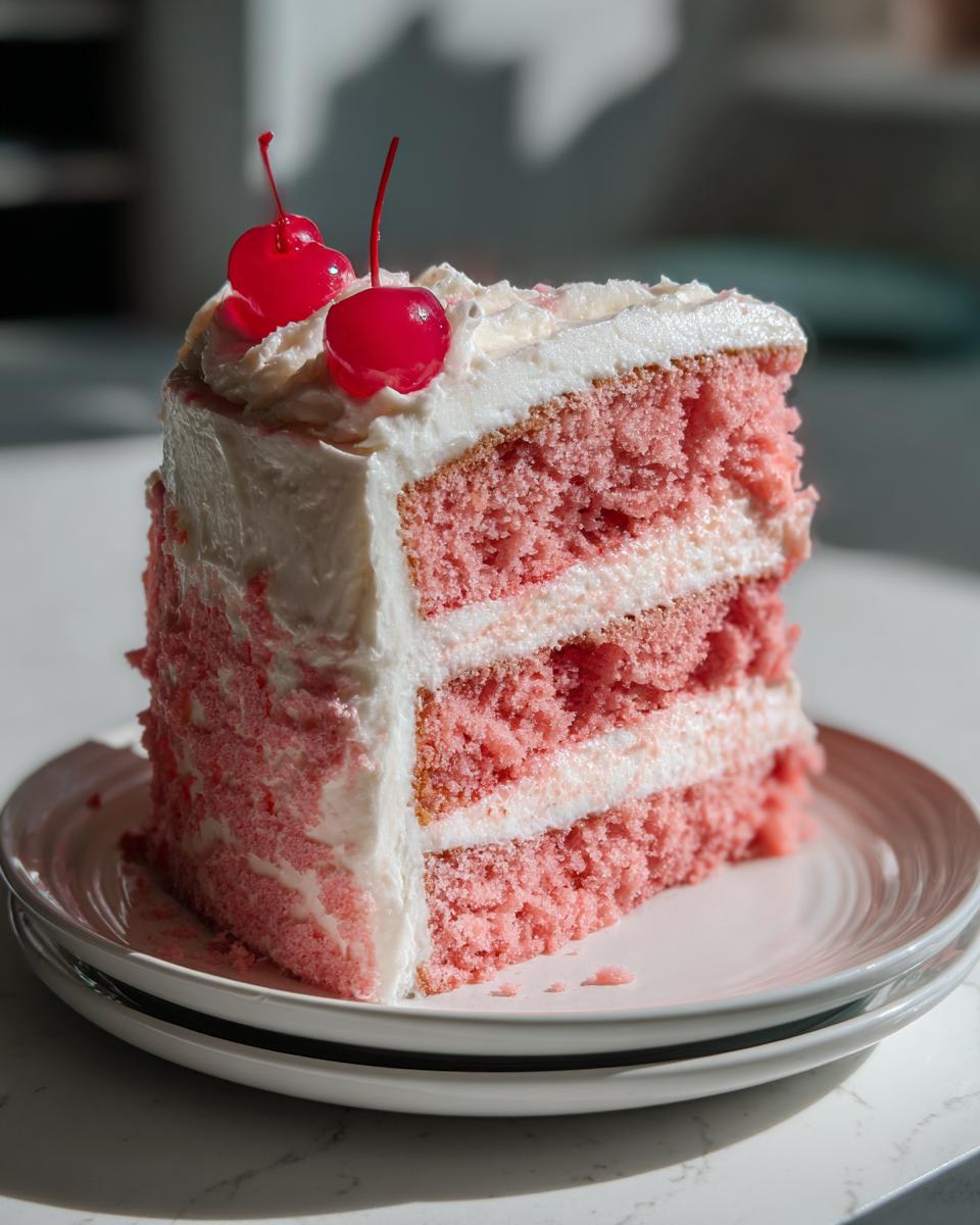 A tall slice of pink layer cherry cake with white frosting, topped with two maraschino cherries.