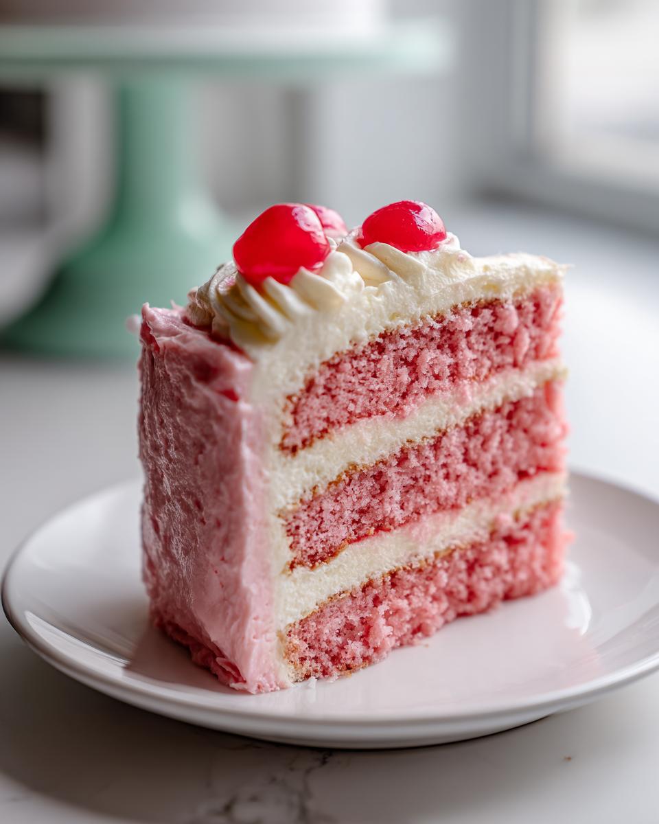 Close-up of a tall slice of pink layered cherry cake with white frosting and two maraschino cherries on top.