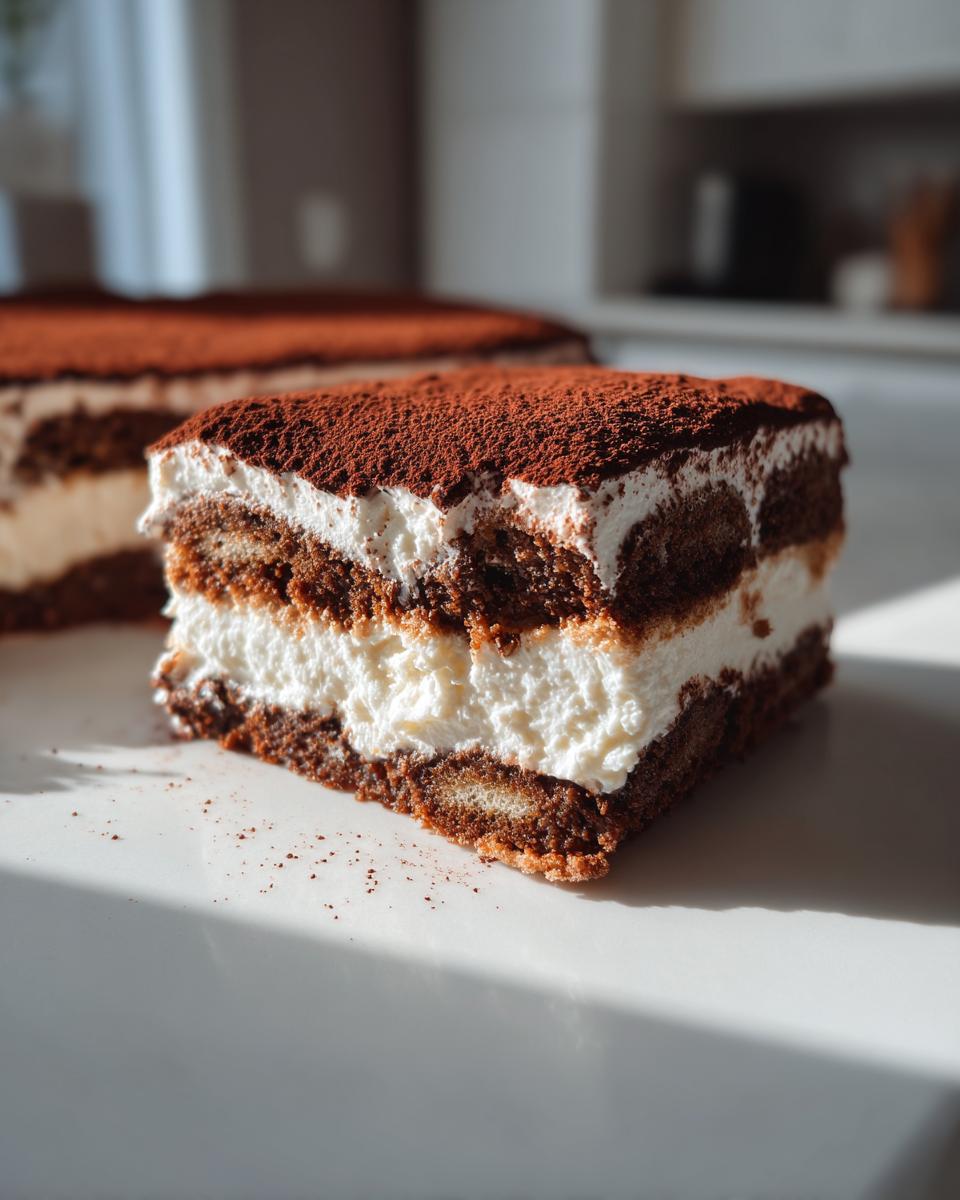 Close-up of a square slice of tiramisu cheesecake showing layers of coffee-soaked cake and cream, topped with cocoa powder.