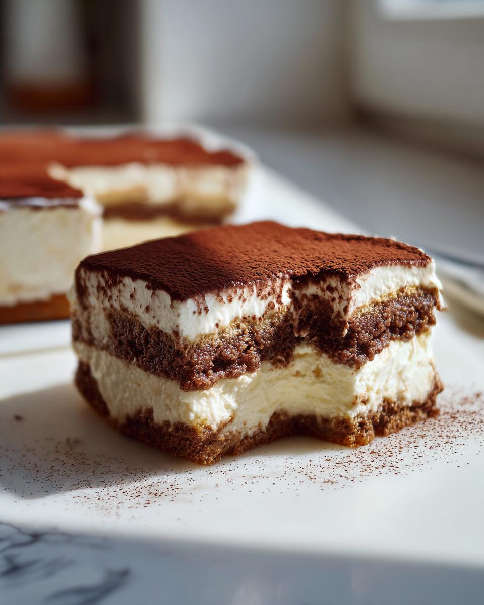 A square slice of rich tiramisu cheesecake with layers of cream and coffee-soaked cake, dusted heavily with cocoa powder.