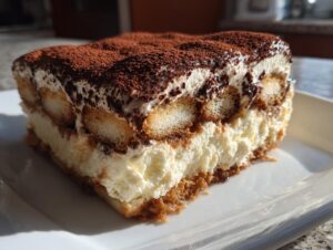 A close-up slice of decadent tiramisu cheesecake showing layers of cream, ladyfingers, and a heavy dusting of cocoa powder.