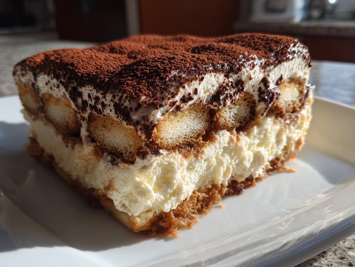A close-up slice of decadent tiramisu cheesecake showing layers of cream, ladyfingers, and a heavy dusting of cocoa powder.