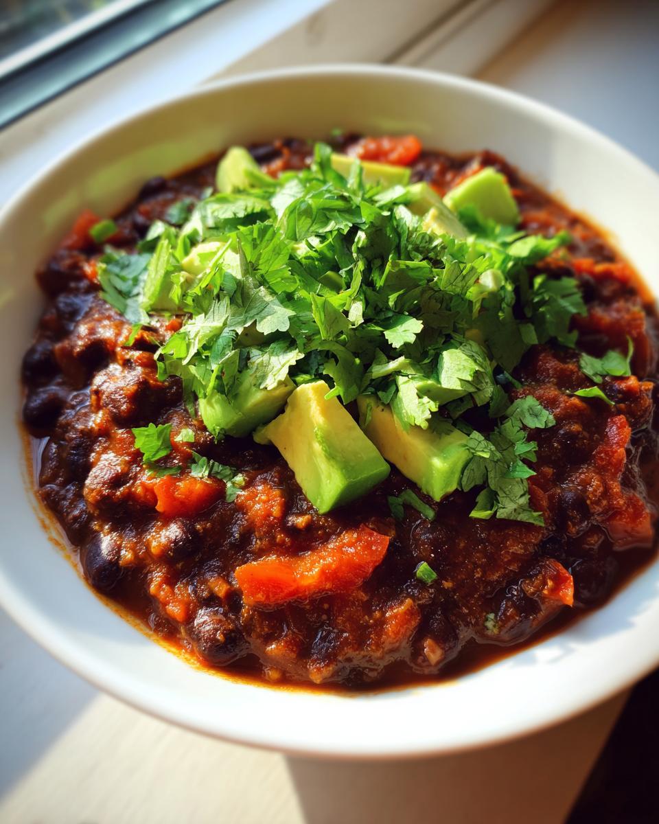 A close-up bowl of rich, dark black bean chili topped generously with diced avocado and fresh cilantro.