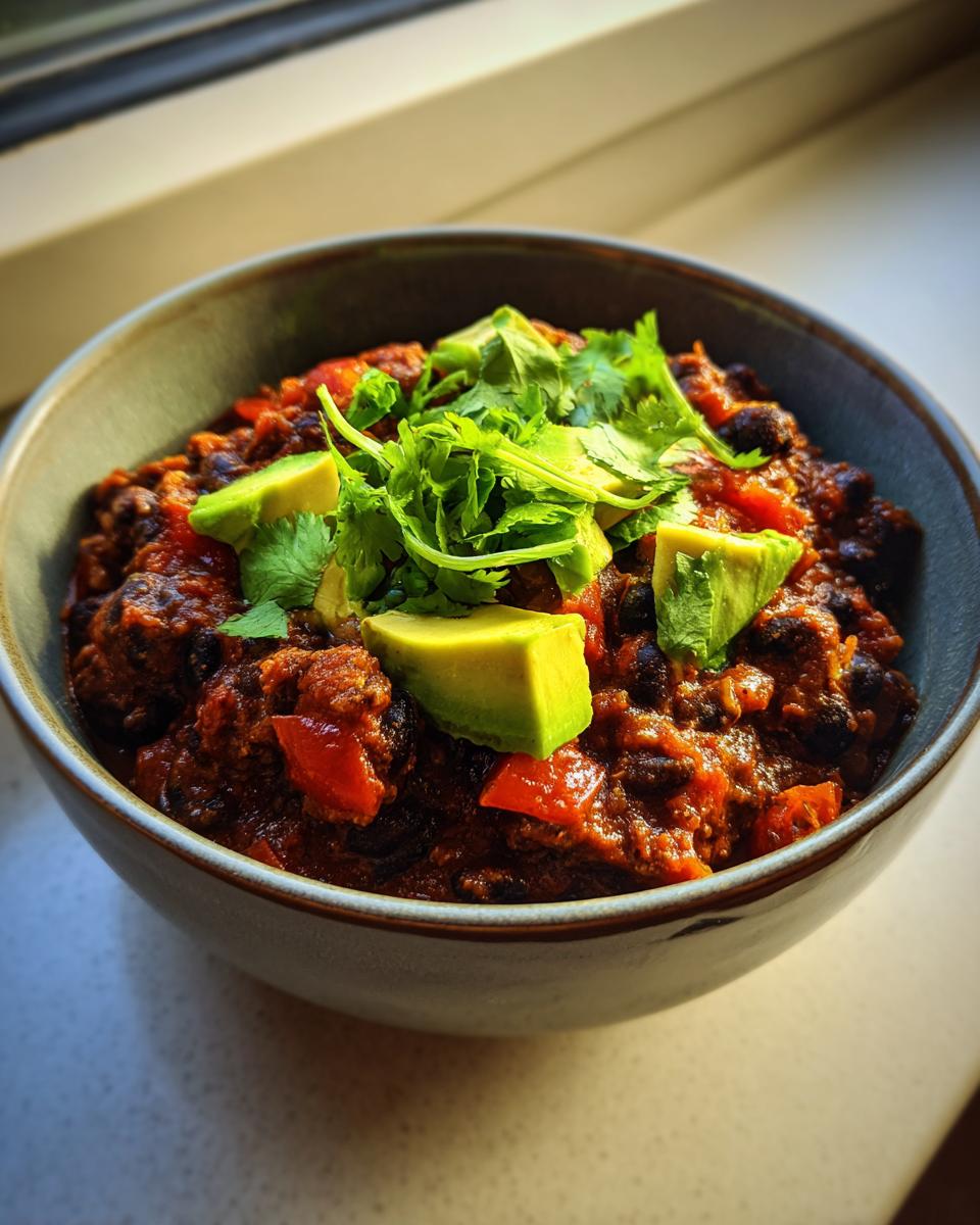 A close-up of a bowl filled with rich, dark black bean chili, topped with fresh avocado chunks and cilantro.